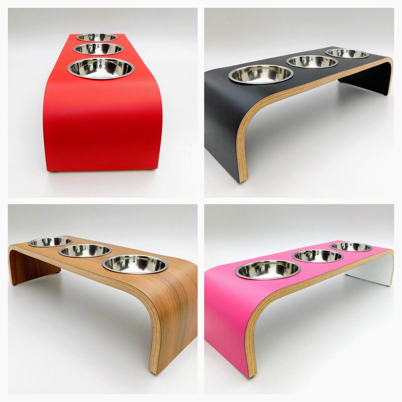 Raised Wooden Dog Bowl Stand, Cat Feeder with Three Bowls, Available in Multiple Colours and Sizes, Purrfect Handmade Gift Made in UK image 1