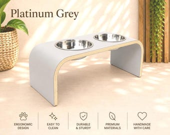 Raised Dog Bowl Stand, Handmade Wooden Dog / Cat Feeder, Modern Dog Dining Station in Light Grey
