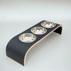 Handmade Raised Dog Bowl Stand | Triple Elevated Dog Feeder | Wooden Pet Feeding Station | Modern Cat & Dog Bowls Black Matt