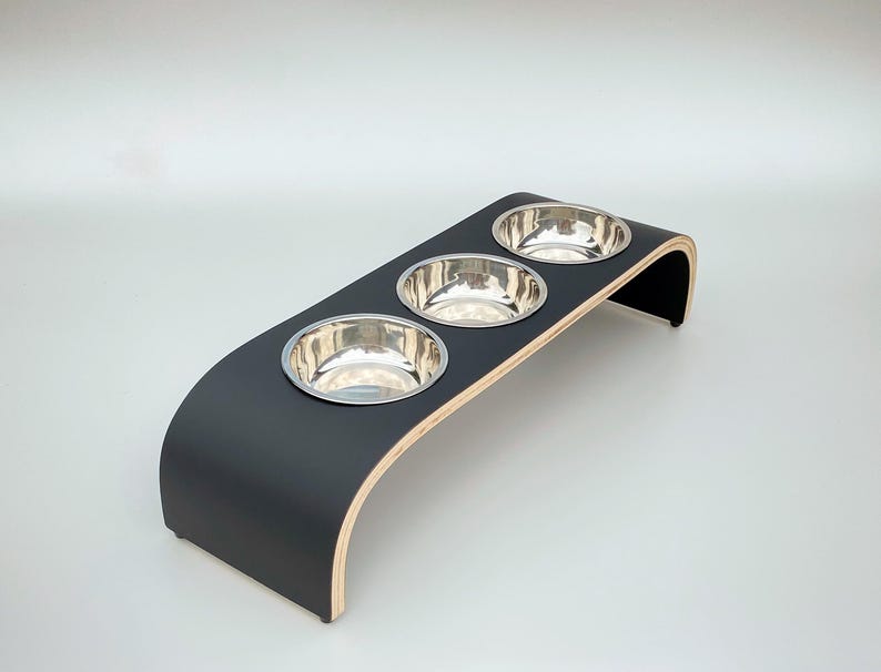 Handmade Raised Dog Bowl Stand | Triple Elevated Dog Feeder | Wooden Pet Feeding Station | Modern Cat & Dog Bowls Black Matt