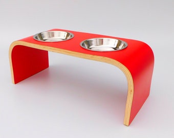 Red Hot Dining: Elevated Two Bowl Dog / Cat Feeding Station / Non-Slip Easy-to-Clean / Handmade in UK