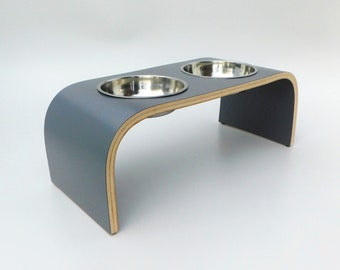 Raised Dog Bowl Stand in Stylish Dark Grey, Quality Wooden Two Bowl Dog Feeder, Non Slip Easy to Clean, Handmade in UK