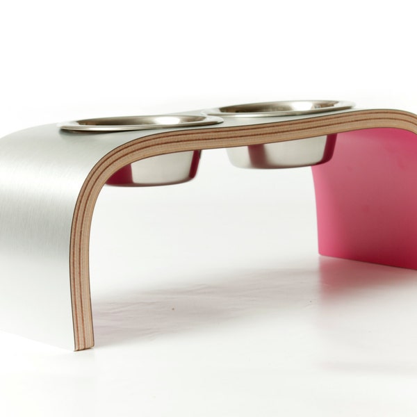Modern Elevated Dog Feeder, Raised Dog / Cat Bowl Stand in Aluminium and Pink, Handmade in UK