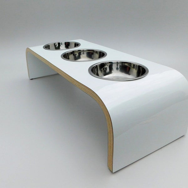 Modern Elegance: Triple Bowl Raised Pet Feeder in Stylish White Finish, Easy Wipe Clean, Handmade in UK