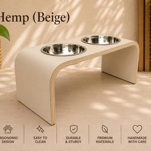 Hemp beige raised dog bowl stand with stainless steel bowls, handmade elevated wooden pet feeder in a bright modern home, ergonomic feeding station for dogs and cats.