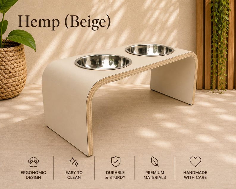 Hemp beige raised dog bowl stand with stainless steel bowls, handmade elevated wooden pet feeder in a bright modern home, ergonomic feeding station for dogs and cats.