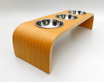 Triple Bowl Raised Dog / Cat Feeding Station, Cat Feeding Stand  in a Light Oak Finish, Available in Three Sizes, Non Slip Easy to Clean