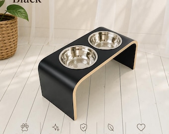 Raised Dog Bowl Stand, Handmade Black Elevated Pet Feeder, Double Dog Bowls with Stainless Steel Bowls, Custom Height