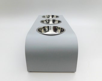 Raised Wooden Three Bowl Dog Feeder / Cat Bowl Stand in a Grey Finish / Available in Three Sizes / Non Slip Easy to Clean, Made in UK