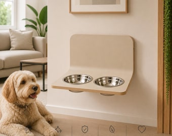 Wall Mounted Dog Bowl Holder, Stainless Steel Bowls, Handmade Elevated Feeder