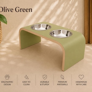 Olive green raised wooden dog bowl stand with stainless steel bowls, handmade elevated pet feeder in a contemporary home, stylish feeding station for dogs and cats.