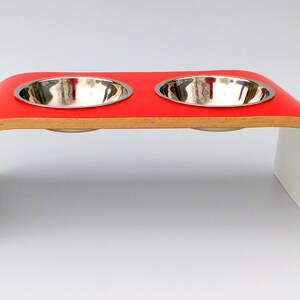 Bold Contrast: Red and White Dual Bowl Raised Feeder - Modern Pet Dining Elevated! Made in UK