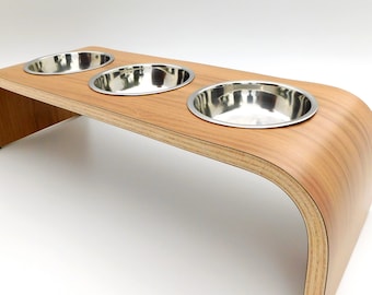 Modern Walnut Triple Bowl Elevated Pet Feeder: Stylish Dining Solution, Available in Three Sizes, Non Slip Easy to Clean, Made in UK