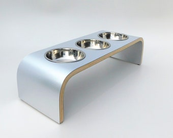 Silver Elegance: Modern Triple Bowl Raised Pet Feeder - Stylish Aluminium Finish! Made in UK