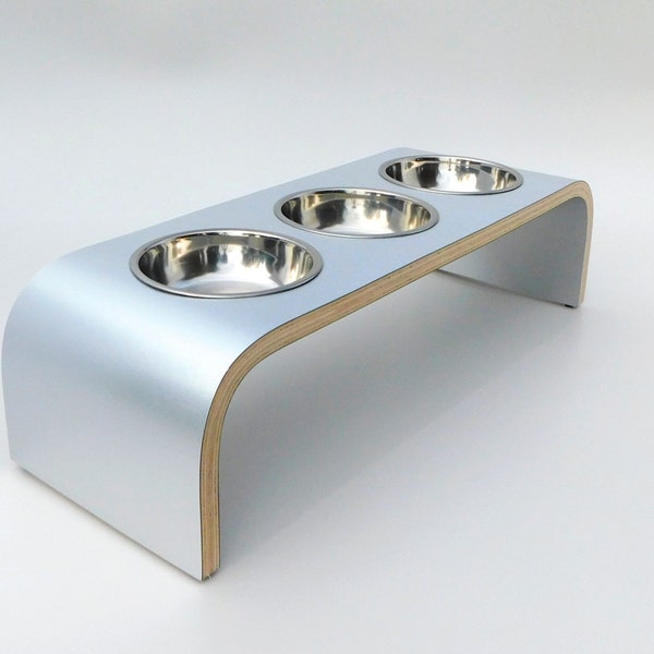 Silver Elegance: Modern Triple Bowl Raised Pet Feeder - Stylish Aluminium Finish! Made in UK