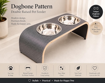 Handmade Dog Bowl Feeding Station, Raised Double Bowl Diner, Bone Pattern