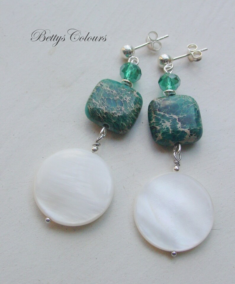 crystal earrings green earrings jasper earrings Mother of pearl earrings sterling silver earrings dangle earrings