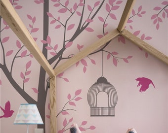 Tree Wall Decal with birds Nursery wall decal sticker, Tree with branch, Birds, Birdcage Nature Wall Decals Wall Decor-DK426