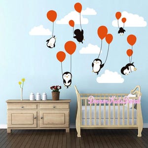 Penguins Penguin Cloud Balloon Wall Decal, Wall Decals Nursery, Baby Wall Decal, Kids Wall Decals, Peel and Sticke Decal for Children-DK025