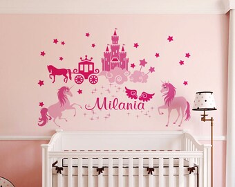 Décalque mural Licorne, Décalque Mur Château, Décor Mur Château, Décalcomanies Château Princesse pour filles, Décalque Licorne, Décalque Nom Personnalisé sur crib-DK080