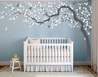 Wall Decal Charming Pink blossom tree, Cherry blossom Tree decal for Nursery decoration, Large Tree wall decal Mural-DK251