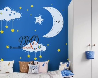 Dream Wall Decal, Moon Sticker Nursery, Clouds Wall Decals, Twinkling Stars Wall Decal Kids room wall Decor-DK433