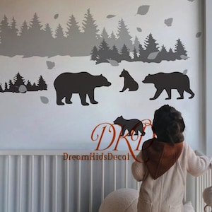 Pine tree Wall decals With Bear Moose Wall Decal Stickers Woodland theme kids room Nursery Wall Decals Nature Forest Bush Nursery Decor