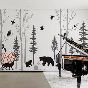 Forest Wall Decal Birch Trees Pine Trees with Bear Family Deer Fox squirrels and birds, Nighttime Large Wall Decals Woodland Nursery Decor