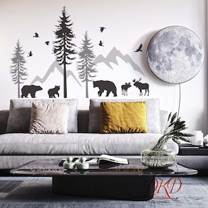 Pine tree wall decals wall stickers, Mountains Wall Decal, Woodland Nursery Wall Decor, Deer, Bear decal Kids Room Wall Decal-DK413