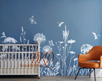 Dandelion wall sticker Flower Wall Decal Floral Grass Plant Border with with butterflies dragonfly, Stylish Vinyl Wall art-DK480