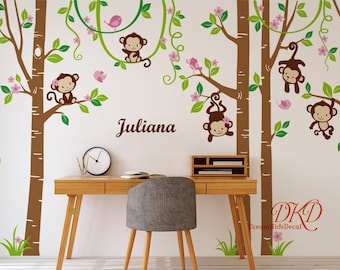 Tree Wall Decal, Jungle Animals Wall Art, Playful jumping Monkey Nursery Decor, birch tree wall decal-DK414