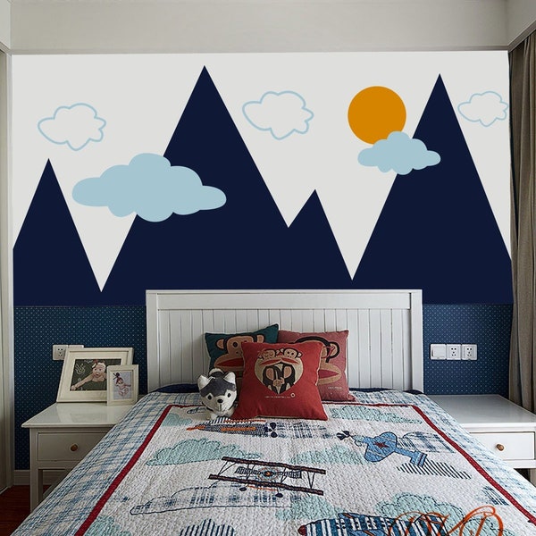 Mountains Decals for Kids Room, Mountain Sticker for Nursery, Mountain Wall Decal, Mountain Decal set with Sun, Clouds Decal-DK394