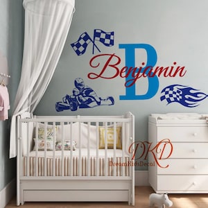 Custom Name Racing Car Flags Wall Decal Sticker Initian Name Boys Kids Bedroom Vinyl Wall Decor, Race Theme Nursery