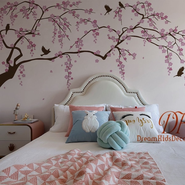 Cherry Blossom Wall Decal Tree Wall Decal Floral Tree branch with birds decal for Nursery bedroom-DK401