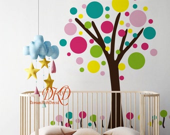 Polka Dots Bubble Tree wall decal nursery wall decals wall sticker Kids decal girl wall decor set Bubbles Pink and Turquoise-DK066