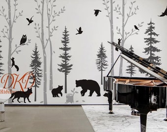 Forest Wall Decal Birch Trees Pine Trees with Bear Family Deer Fox squirrels and birds, Nighttime Large Wall Decals Woodland Nursery Decor