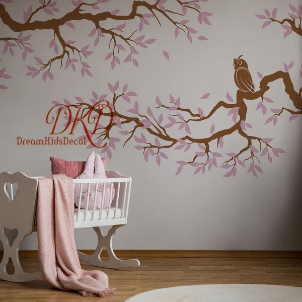 Owls and Branches Decal, Wall Decal Baby Nursery Decor Custom Name Decal, Kids room wall decor Owl wall art Nature Wall Mural-DK244