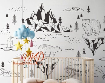 Nursery Wall Decal, Arctic Animals Wall Decal, Polar Bear Decal, Penguin Decal, iceberg, Whale, Tree, baby room decal sticker, Arctic World