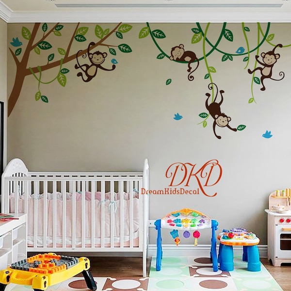 Nursery Wall Decal, Jungle Monkey Wall Decals, Hanging Monkeys on the tree, Birds, Nursery Children's Bedroom Vinyl Wall Art Sticker-DK363