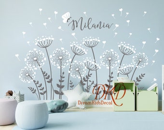 Dandelions Wall Decal Nursery Wall Sticker Flower with with butterflies, Kids Custom Name Decal, Stylish Vinyl Wall art-DK460