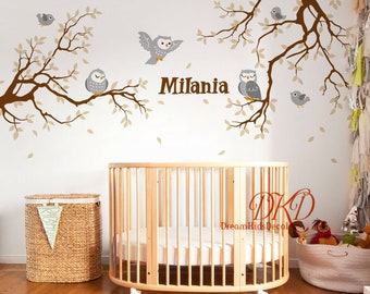 Nursery wall decals wall sticker-Tree branch with owls, Birds on a branch Personalized name wall decal for Kids room