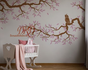 Owls and Branches Decal, Wall Decal Baby Nursery Decor Custom Name Decal, Kids room wall decor Owl wall art Nature Wall Mural-DK244