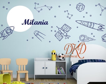 Outer Space Wall Sticker, Planet Star Wall Decal for Kids Nursery, Rocket Sleepy Moon Nursery Wall Decal, Personalized Name Decal-DK416