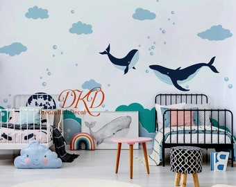 Whale Wall decal,  Whales of Dreams Marine Nursery, Whale with Moon Clouds Vinyl Sticker Decor for children's room baby room-DK507