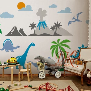 Wall sticker dinosaur world, Dinosaur Wall Decal Dino Wall Sticker Nursery Decor-Dinosaurs, Pine Trees, Clouds for Kids, Nursery Decor-DK461