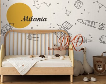 Outer Space Wall Sticker, Planet Star Wall Decal for Kids Nursery, Rocket Sleepy Moon Nursery Wall Decal, Personalized Name Decal-DK416