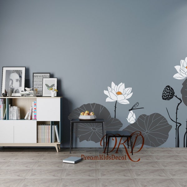 Water Lily wall decal Lotus flower wall sticker, Chinoiserie Blossoming Lotus Decals, Nature dragonfly Vinyl decal for furniture Yoga walls