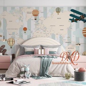 World map Wallpaper Mural with hot air balloon,  Helicopter, Airplane, Nursery Wall Art, Baby room, play room idea, Stripe Wallpaper