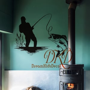 Hunting and Fishing Decal Nursery Bedroom Decor Fisherman Lake Fishing Rod Hook Sign for Nursery, Car Vehicle Wall Decal Window Decal