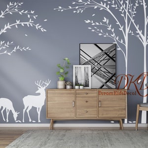 White Tree wall decals Nursery wall sticker Kids room decor, Deer in forest, Vinyl Decal Home Decor Wall art Mural Wall Decor